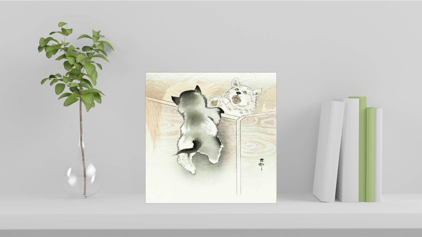 A visualisation of the Ohara Koson Japanese art tile, originally a woodblock print, featuring 'Two Playing Dogs' used as home decor.
