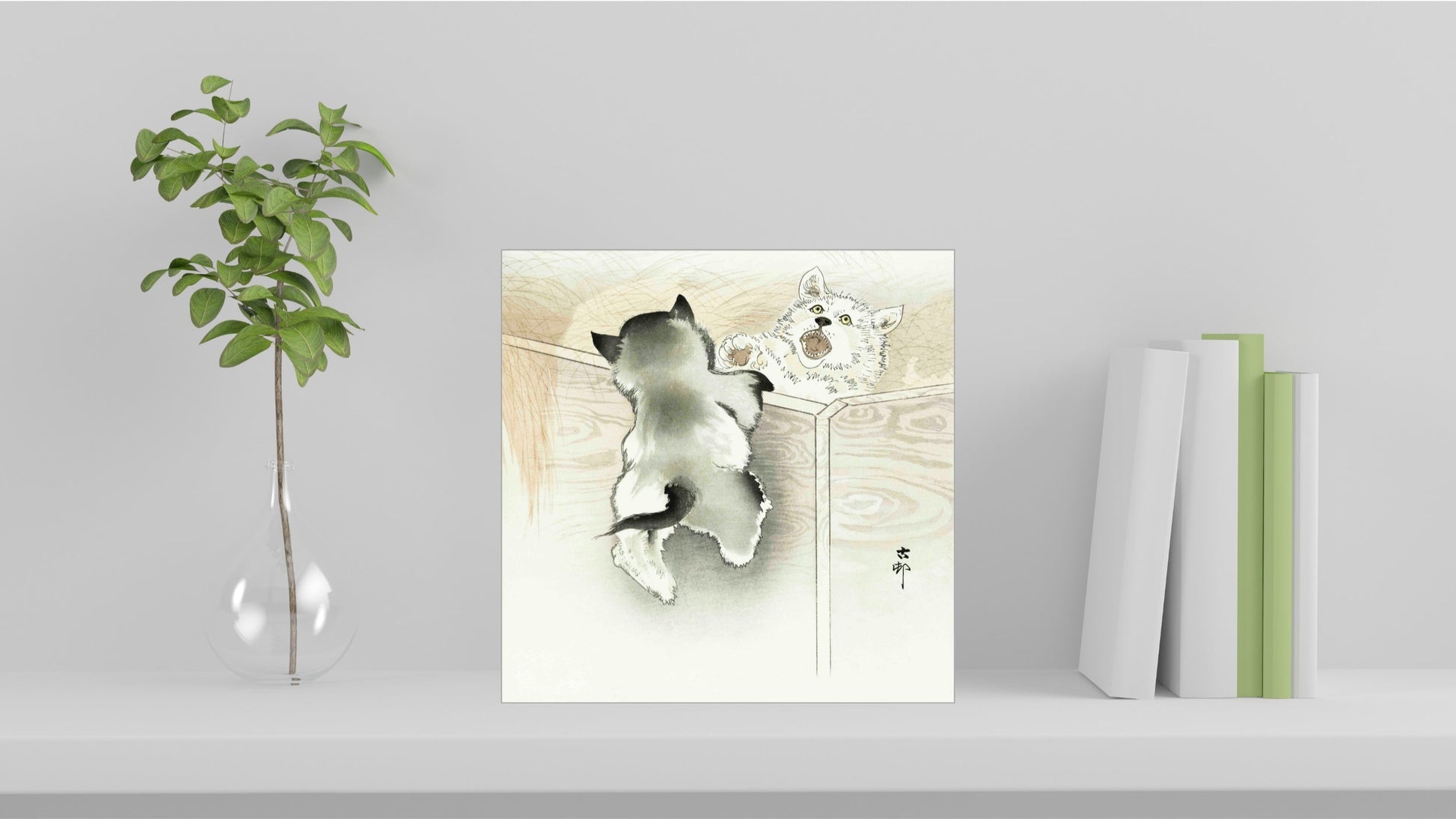 A visualisation of the Ohara Koson Japanese art tile, originally a woodblock print, featuring 'Two Playing Dogs' used as home decor.