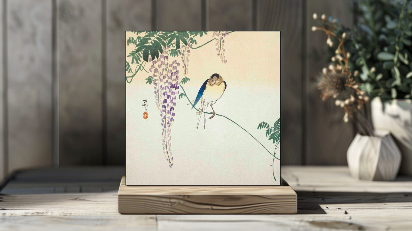 Ohara Koson's Ukiyo-e style 'Wisteria and Swallow' Japanese art on a decorative ceramic tile (digital representation).