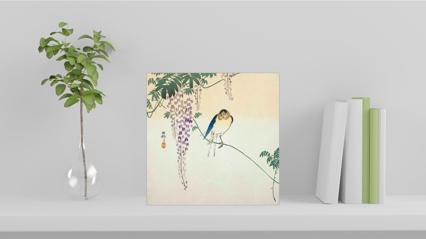 A visualisation of the Ohara Koson Japanese art tile, originally a woodblock print, featuring 'Wisteria and Swallow' used as home decor.