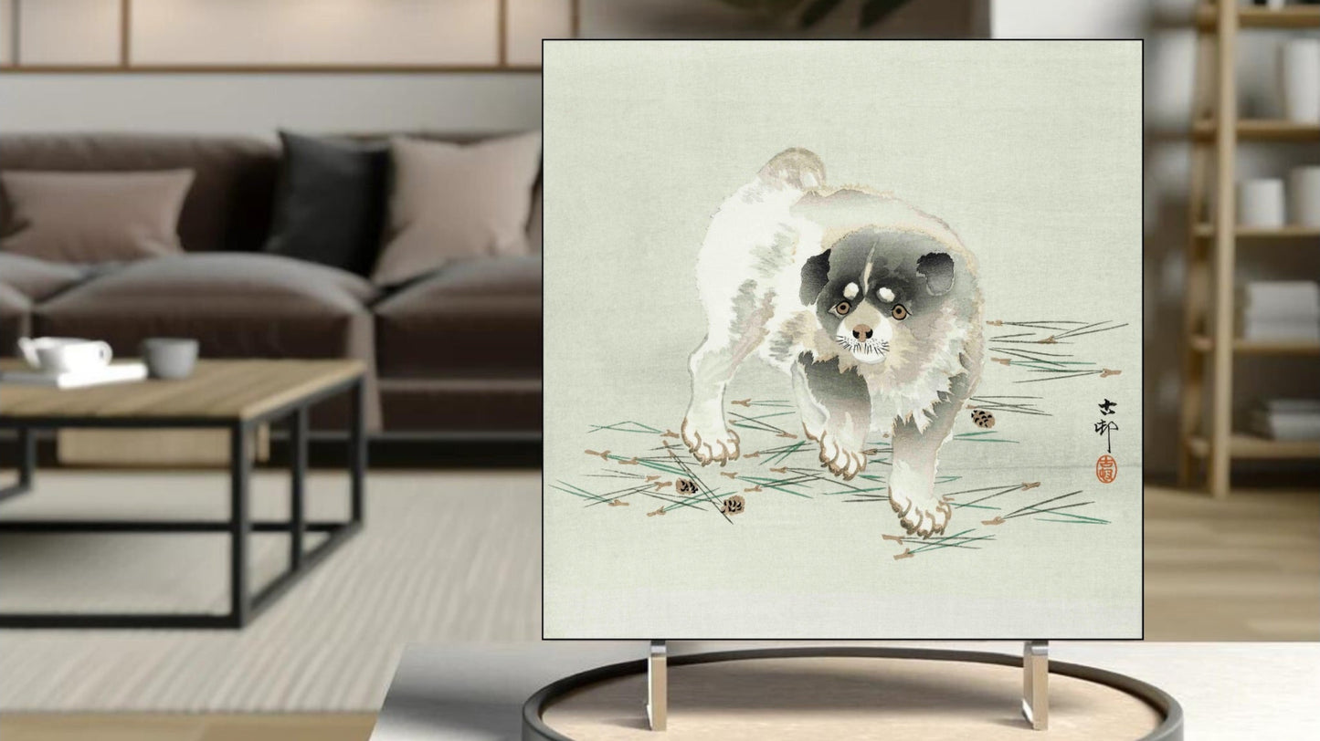 The 'Young Dog' Ukiyo-e art tile presented on a display stand as a piece of freestanding home decor.