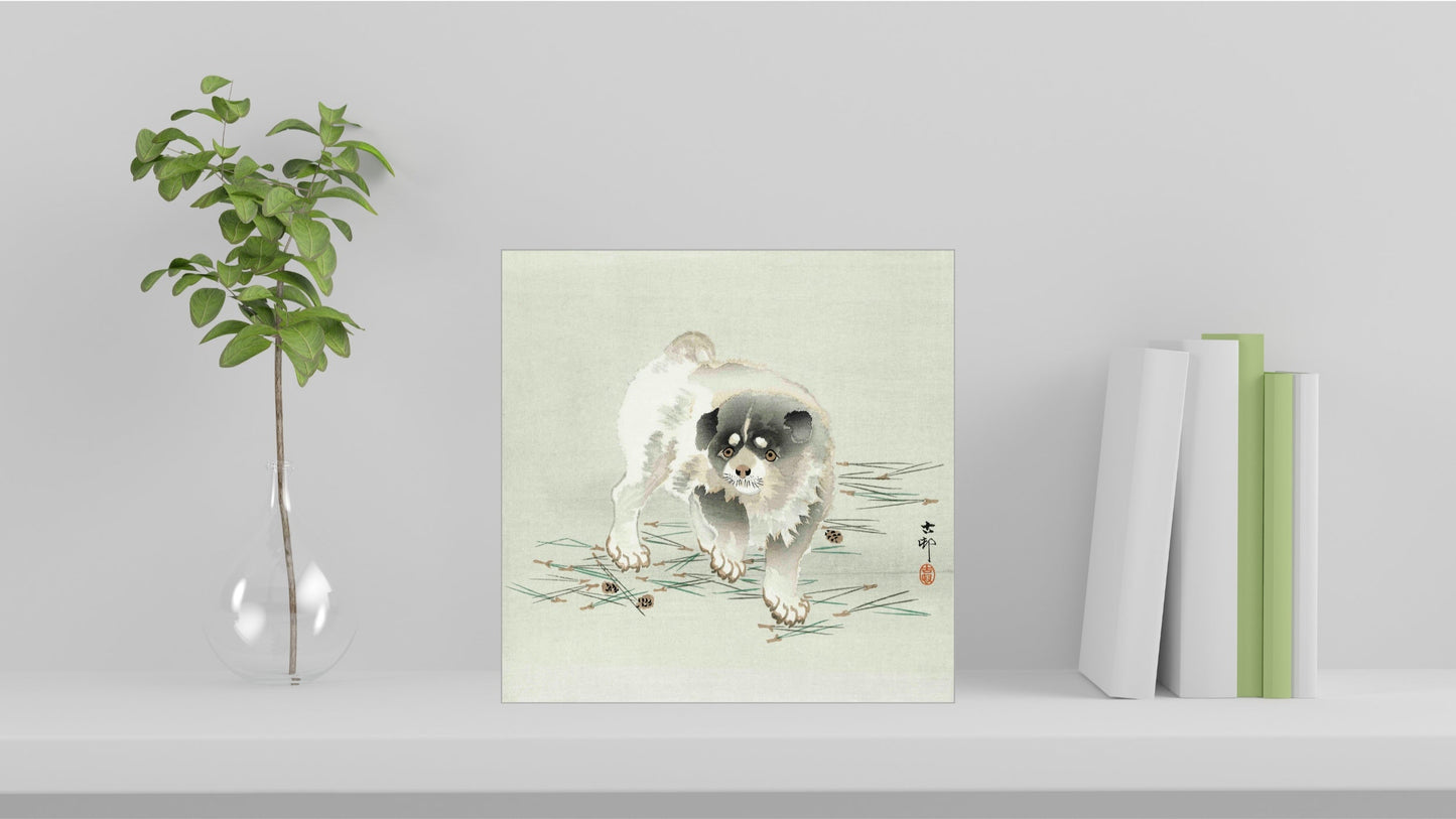 A visualisation of the Ohara Koson Japanese art tile, originally a woodblock print, featuring 'Young Dog' used as home decor.