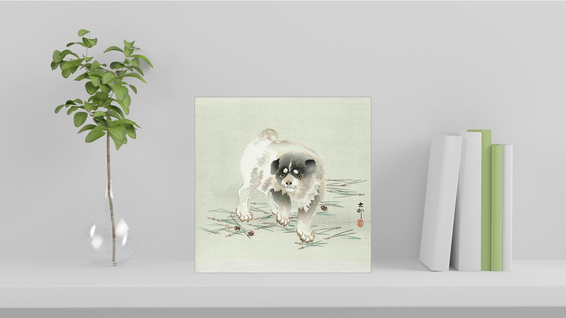 A visualisation of the Ohara Koson Japanese art tile, originally a woodblock print, featuring 'Young Dog' used as home decor.